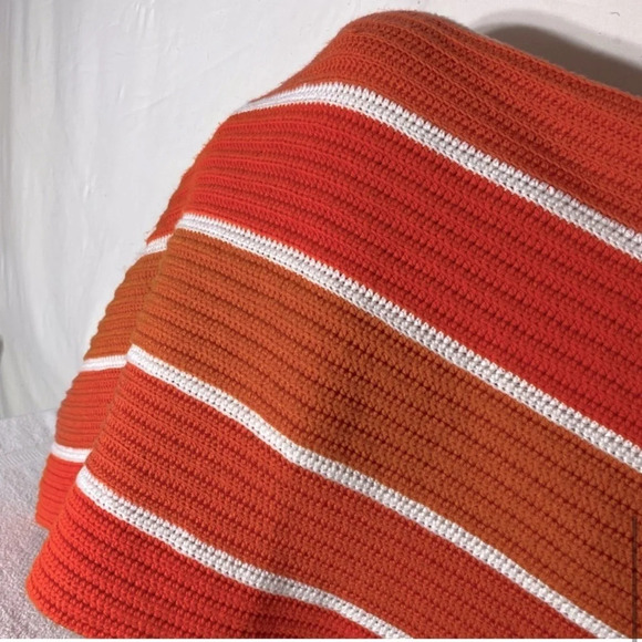 Vintage Handmade Orange Striped Crochet Knit Afghan Throw Blanket - Picture 10 of 16